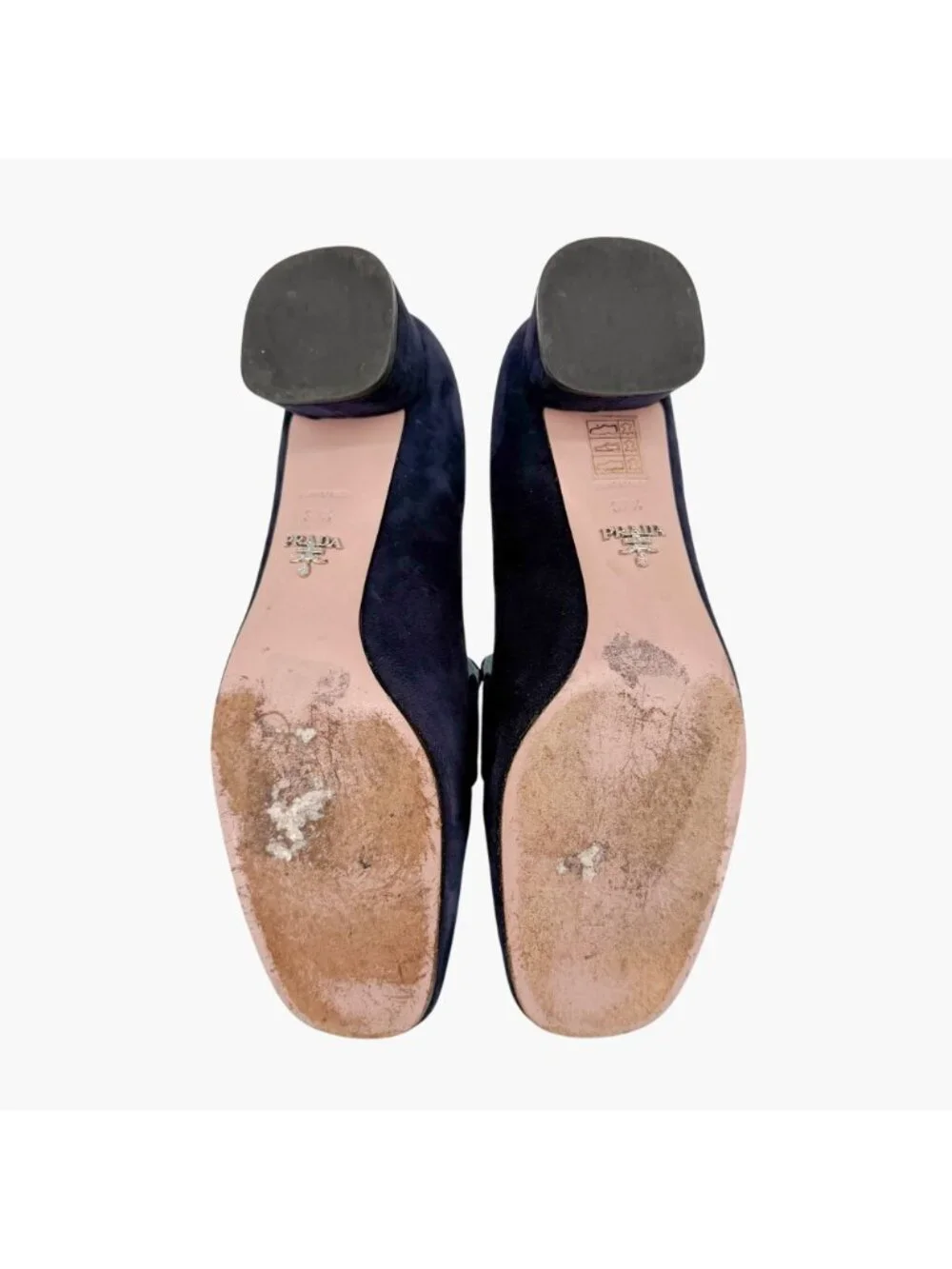 Prada Logo Loafer Pumps Heels Navy Suede Size 37.5 US 7.5 Women’s Blue